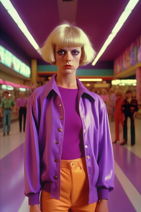 <lora:Director Pedro Almodovar style:1>Director Pedro Almodovar style - shopping mall scene, realistic photography, full body, 17mm lens, cinematic, wide scene, Real photo, 1980s Portrait, woman, with a blonde hair cut, wearing a purple neon 1980 style clothes staring directly at the camera, 8k, photo realistic, vapor wave, vapor-core, standing in a 1980s shopping mall.