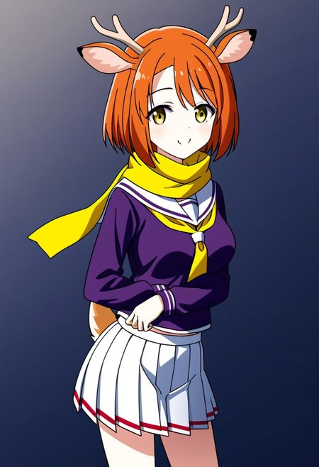 Score 9, Score 8, Score 7, Score 6, Score 5, Score 4, Girl 1, Solo, Original Anime, Shiho Ihara, short hair, orange hair, deer ears, medium breasts, (golden eyes: 1.2)
Skirt, school uniform, pleated skirt, serafuku, white skirt, shirt, purple shirt, sailor collar, white sailor collar, long sleeves, scarf, yellow scarf, knee-high socks,
Standing, smiling, looking at the viewer,