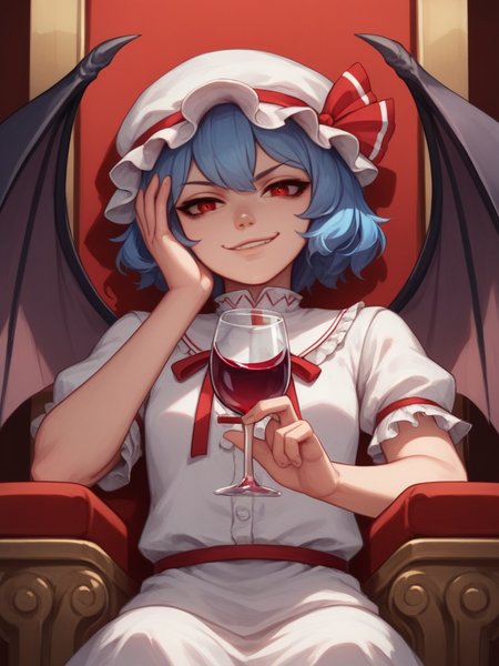 score_9, score_8_up, score_7_up, rating_explicit,  1girl, solo,  <lora:Remilia_Scarlet_-_Touhou_Project_Pony:1> r3mil1a_sc4rlet, hat, red eyes, blue hair, wings, smile, short hair, bat wings, upper body, looking at viewer, ribbon, short sleeves, mob cap, wicked look, smirk, lips parted, sitting, on throne, holding glass of red wine, hand near face, view from below