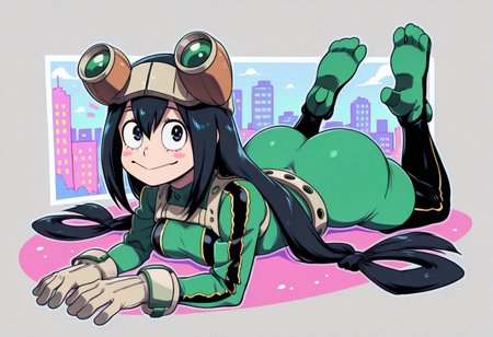 StickerSheet, Stickers, Sticker, masterpiece, best quality, Plain grey background, 1girl, solo, twintails, blue hair, blue eyes, very long hair, Asui_Tsuyu, goggles, gloves, green suit, :3, boobs, ass,  laying on front, laying flat, contrapposto, smile, blush, pastel colors, pink theme, 80's theme, city pop, colorful, thick outline, vector graphics, abstract background