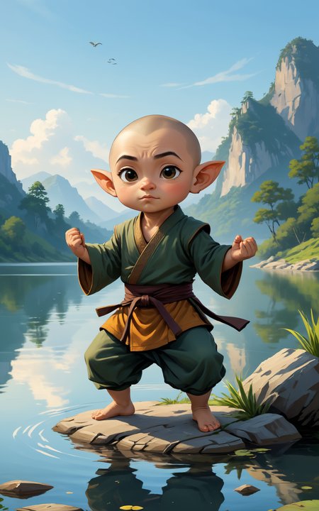 A playful vector art illustration by Zara Finch of a halfling monk practicing martial arts on a serene lakeside, with their head slightly larger than usual, but not quite chibi-sized. The halfling is captured in a dynamic, fluid martial arts pose, demonstrating balance and grace. Their expression is one of inner peace and focus, contrasting with the playful style and highlighting the monk's discipline. This is accentuated by the larger head size. The background is a tranquil lakeside scene, with gentle ripples on the water and a peaceful horizon, using a calm and soothing color palette to enhance the serene setting.