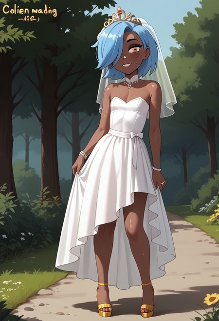 score_7_up, 1girl, erin_cc, dark complexion, one amber eye, one light blue eye, medium length blue hair, hair covering left eye, Full body, barefoot, standing, perfect hands, 5 fingers, perfect barefoot 5 toes, perfect small flat chest natural breasts;  
Wedding dress, Wedding veil, Golden tiara, Wedding ring, Golden high heels sandals,
sensual, curvy, standing, in the woods, outdoors, nature, hike, sweat, looking at viewer, feminine, artistic effects, smiling,
