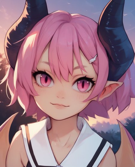 score_9,score_8_up,score_7_up,score_6_up,score_5_up,score_4_up,
raspberylxl,horns,pink eyes,pink hair,short hair,hair clip,
sailor collar, large zipper,bat wings,sleeveless,
upper body,looking at viewer,
outdoors,evening,
looking at viewer,
<lora:Raspberylxl:1>,