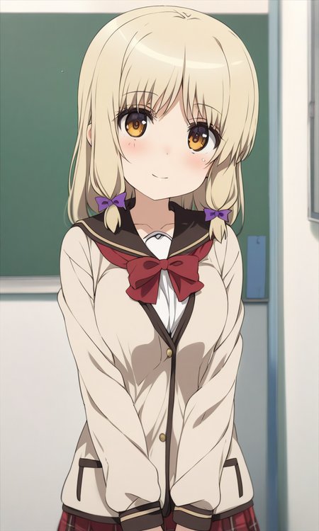 masterpiece, best quality, by ogipote, BREAK
solo, kujoufumi, (big breasts:0.6), school uniform, 
looking at viewer, light smile, blush, red bow, 
indoors, classroom, 
<lora:KujouFumi_XL:1>