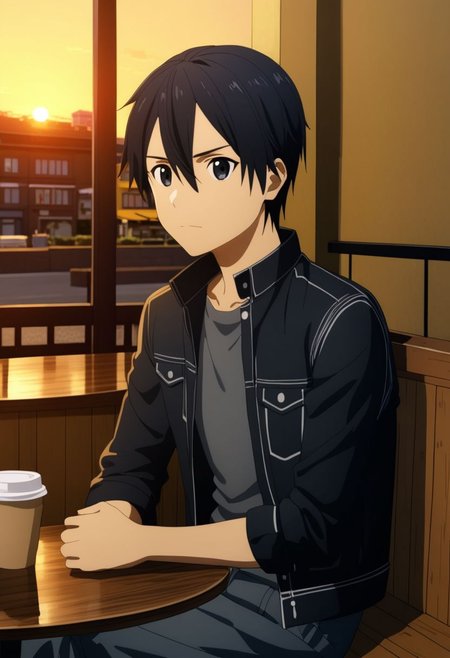 high resolution, professional photography, best quality, 1Boy, Kirigaya Kazuto, Black Hair, Black Eyes, overalldetail, cafe, corner, sit, soffa, casual outfit, coffee, waiting, warm building, sunset
