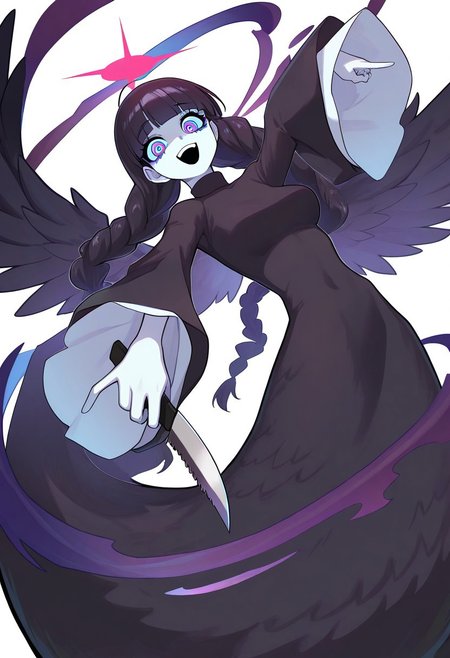 masterpiece, best quality, very aesthetic, high resolution, ultra-detailed, absurdres, newest, extremely detailed eyes, PMN_STL, 1girl, braid, twin braids, holding knife, smile, halo, white background, black hair, simple background, long hair, open mouth, colored skin, looking at viewer, black dress, blunt bangs, long sleeves, full body, :d, wide sleeves, bow, ringed eyes, monster girl, feathered wings, blue eyes, twintails