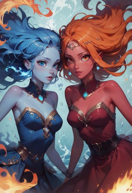 score_9, score_8_up, score_7_up, (2girls), (fire spirit, red skin,  fire hair, orange hair, long hair, orange eyes, wild hair, red dress), (water spirit, blue hair, blue skin, blue eyes, blue dress), wildland background, fire on backgorund, water on background, <lora:add-detail-xl:0.4> , <lora:princess_xl_v2:1>, <lora:Concept Art Twilight Style SDXL_LoRA_Pony Diffusion V6 XL:0.8>, <lora:[GP] somethingweird [Pony XL]:0.2>, <lora:Expressive_H:0.4>, <lora:g0th1cPXL:0.3>