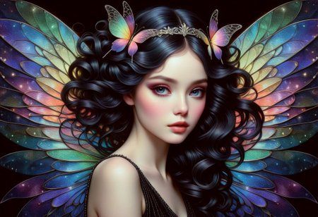 hyper detailed beautiful sugar fairy, coherent delicate face, wavy luxurious hair, intricate iridescent wings, on black velvet canvas, centered composition, rule of thirds, drop shadowed, art by gorjuss, tim burton, margaret keane, charlie bowater, tom wood, keith garvey