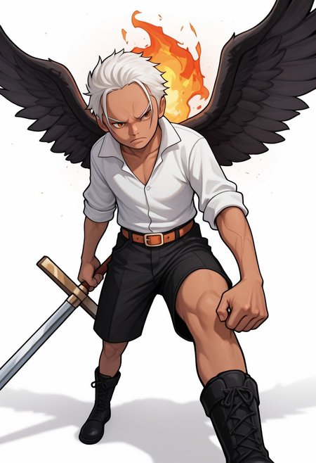 masterpiece, absurdres, high quality, perfect anatomy, 1boy, solo, cute boy, male focus, SHawk, White Hair, Orange Eyes, Tan Skin, Black Wings, White Shirt, Sleeves Rolled Up, Black Shorts, Belt, Black Boots, Holding Sword, Holding Weapon, Flame on Back, cinematic, intricately detailed illustration, depth of field, masterpiece, best quality, amazing quality, very aesthetic, absurdres, newest, very awa,  shadow, dynamic angle, casual cosplay, dynamic pose, simple background, Arwe, Dynamism, Foreshortening, attacking pose