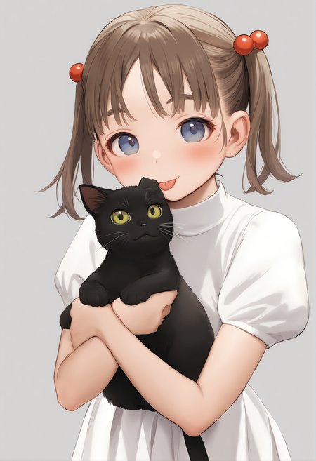 1girl, 
murata range, 
blue eyes, looking at viewer, :p, short twintails, twintails, simple background, brown hair, holding animal, holding, blush, grey background, parted lips, puffy short sleeves, animal, turtleneck, solo, holding cat, hair ornament, hair bobbles, black cat, short hair, short sleeves, eyebrows, cat, white background, closed mouth, dress, two-tone background, tongue out, white dress, smile, puffy sleeves, tongue, 
masterpiece, best quality, newest,  safe
 <lora:murata_range_image737_2024-03-28_a31:1>
