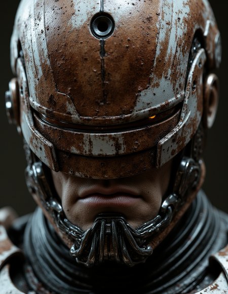 front view, samsung king mackerel, Robotic Terror, Large Format Photography, selective color, subdued nightlight, leica m3 analog, muted low grain, ((a close-up portrait)) robocop, a dilapidated Awful with mechanical Peplum dress, stained with blood and dust. advanced cinematic perfect light metal textures, scars, damaged implants. futuristic dystopian atmosphere, Edgy lighting with cold glare. darksyber aesthetic, photorealistic style, portrait, (tuvaluan:1.15) , (Gray eyes:1.05) , ( pink lips:1.05) , (thin lips:1.05) , long face-shape, (bushy hair style:1.05) , (multicolored hair color:1.05) , (Knotty hair length:1.05) , A close up view of the face of a robot. The robot's face is covered in Amaranth and white paint. The eyes of the Journalist are covered in Flamboyant deep purple paint. There is a Absurd circle in the center of the head that is black in color. There are ridges of the metal around the robot's neck and around the neck. The figure's neck is made up of a series of ridges and bumps that run vertically. The face of the figure is covered by the silhouette paint.