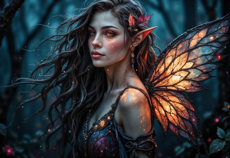 ArsMJStyle, Stained Glass,dark fantasy, eerie,. A breathtaking young elf with delicate, stained glass butterfly wings, glowing softly as they catch the light. Her skin is smooth, radiant, and flawless, with a subtle luminescence under natural lighting. She stands in a lifelike enchanted forest, the soft glow of bioluminescent plants surrounding her. Her butterfly wings shimmer with a stained glass effect, detailed with intricate patterns and transparent sections that reflect ambient light like a prism. Her flowing, silky hair moves gently in the wind, each strand rendered with ultra-realistic texture. The elf's face is serene, with lifelike features and striking, luminous eyes that shine with a hint of magic. Her expression is peaceful yet captivating, drawing attention to the exquisite craftsmanship of her facial details. Highly detailed, photorealistic, sharp focus, volumetric lighting, realistic shadows, ultra-high definition, and cinematic atmosphere., <lora:StainedGlassFlux.safetensors:1.0:1.0> <lora:fantasy-flux-v1.safetensors:1.0:1.0> <lora:Flux Darkfantasy_epoch_1.safetensors:0.75:0.75>