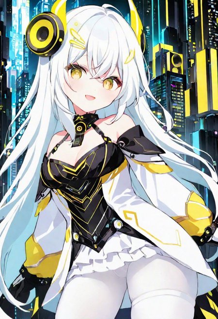Best quality, masterpiece, sci-fi extremely dark abyss city, one girl with round pert breasts, majestic walk, hands on waist, adorable pure white long loose hair, glowing music speaker hairpin, adorable smooth face, adorable smile, bright yellow eyes, detailed kawaii makeup, beautiful white dress with long sleeves and gloves, slim waist, very short miniskirt, white tights, thick clavicle, thick pelvis, thick hips, thick thighs, heels