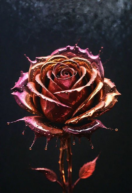 (Impressionism: 1.5), (abstract acrylic painting), macro photo, sparkling magical fantasy glass rose dewdrop, very detailed, amazing quality, intricate, cinematic light, highly detail, beautiful, surreal, dramatic, galaxy fantasy colors, realism, modern art, abstraction, absurdity, acrylic painting on canvas, (silhouette in strokes: 1.6)