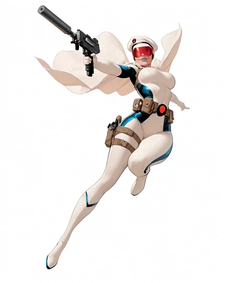 solo, (full body shot, wide shot:1.2), 1girl, (30 year old Russian woman:1.2), beautiful female cyborg spy, fair skin, (white with light blue accents superhero bodysuit with armor padding:1.3), white body armor vest, thigh pistol holsters, white cloak, white military beret, cyborg, cybernetic seams, utility belt, blue eyes, epic red visor, long blonde hair, hair bun, white arm length gloves, slim waist, (toned body:1.1), (large breasts:1.2), wide hips, ultra detailed face, (blue lips:1.2), confident closed mouth smile, strong jaw line, white thigh high superhero boots, (shooting a uzi machine pistol with a suppressor:1.2), white background, (dynamic pose, dynamic composition, dynamic angle:1.2), digital painting, masterpiece, best quality, very awa, absurdres, 8k, comic art style,  <lora:NOOB_vp1_detailer_by_volnovik_v1:0.6> <lora:noobai_vpred_1_aqm_complete_v3:0.3> masterpiece, best quality, very aesthetic <lora:HyperdetailedColoredPencilIl:0.3> ArsMJStyle, Colored pencil hyperdetailed realism <lora:ponyv6_noobE11_2_adamW:0.3> <lora:illustriousXL_stabilizer_v1.7:0.4> <lora:Comics_IllustriousXL_Lora:0.3> C0M1C5 Style <lora:Superhero_Aesthetic_Illustrious:0.3> SUP3RH3R0 Style, comic art style, <lora:Carlos GomezStyleilluLYCO:0.3> cgstyle, (borderless), <lora:ppw_v7_Illuv1.0_1_r2:0.2>, <lora:anatomy_helper:1> <lora:Uzi_-_Machine_Pistol:0.5>