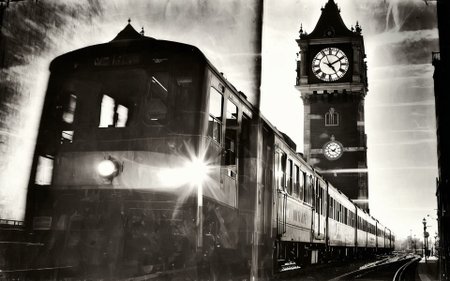 A clock tower bending over to whisper secrets to a passing train. -- <lora:CBS_novuschroma37 style_b:1> Light Distortion  <lora:Ingrid Bergman SDXL:1>  Black and white