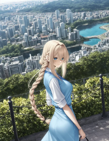 [park, river, cityscape:1girl, (eichi \(yashokuya\):0.9), (fouriasensei:0.9), (piromizu:0.8), park, river, cityscape, blonde hair, blue eyes, hair between eyes, sidelocks, side braid, single braid, medium breastsoffice lady, looking ahead, smile:0.2], masterpiece, best quality, extreme quality, cg, 8k