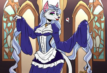 A breathtakingly hyper-realistic anime cat girl, standing in the center of a grandiose ballroom, bathed in soft, ethereal moonlight that filters through the towering stained-glass windows. She is dressed in an exquisitely tailored maid dress, the fabric a rich blend of velvet and silk, adorned with intricate lace detailing and frills that delicately frame her feline features. The dress is a captivating shade of midnight blue, contrasting beautifully with her snow-white fur and long, flowing hair which cascades down her back in elegant waves. Her piercing emerald eyes sparkle with a mix of mischief and grace, as she holds a silver platter with an enigmatic smile playing on her full, red lips. The room itself is a masterpiece of opulence, with ornate gold trimmings and elaborate chandeliers casting a warm glow across the polished marble floors and high ceilings adorned with frescoes. A sense of solitude and anticipation fills the air, hinting at a story yet to unfold. The cat girl's tail swishes playfully behind her, the tip curling up in a perfect question mark, inviting the viewer into the mystery of her silent, nocturnal soiree. Her digitalized fur appears so lifelike it seems one could almost feel its softness, while the folds of her dress and the sheen of her eyes are rendered with a masterful precision that defies the two-dimensional plane.