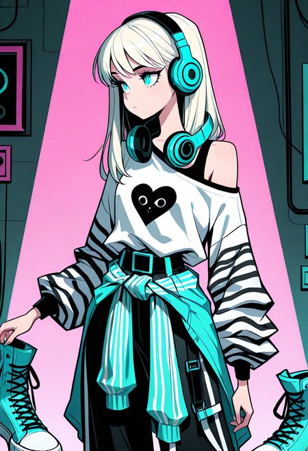 masterpiece, best quality, 1girl, solo, eyelashes, (beautiful eyes),     standing, cowboy shot, shoes, striped, belt, pants, off shoulder, headphones, sneakers, clothes around waist, fashion,   <lora:Style60_IXL:1.0>,