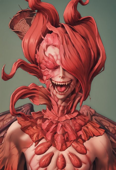 score_9, score_8_up, score_7_up, score_6_up, score_5_up, score_4_up, 1girl, <lora:RominaV2:0.85> solo, eyeless, red hair, monster girl, wings, red theme, blood, upper body, front view, mouth open, crazy laugh, 
(light blue background), simple background