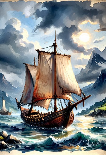 large Viking boat, oil painting , story board illustration, intricate details