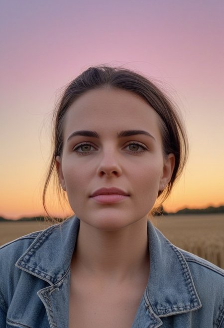 30yo american woman in a wheat field
Small eyes. Brown eyes.
Wearing ripped Denim jacket
no makeup. Clear skin.  realistic skin style
Long dark black slick back hair. No makeup. Dusk, Street light. Looking at camera POV. Slight smile, tilting head.. Tilt head. Hands in head, face, lips.
Medium Close Up shot. Bokeh. Bokeh light. Sunset. yellow, purple sky.