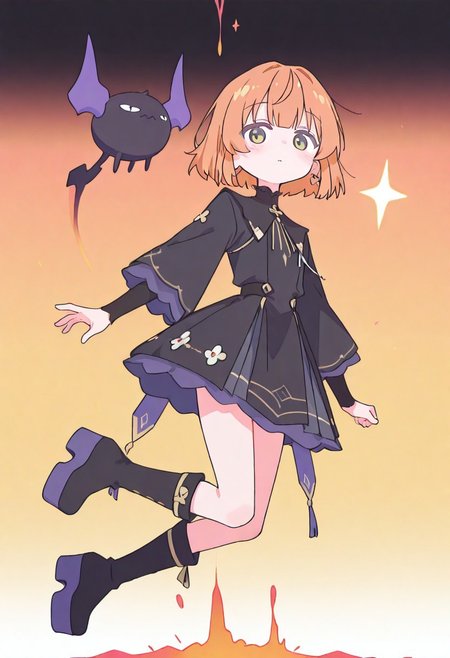 masterpiece,best quality, newest, Smooth, very awa, very aesthetic, flat colors,
Colorful themes, High Saturation, haiz_ai, orenji,
<lora:ponyv6_noobE11_2_adamW-000017:0.9> <lora:MeMaXL4:0.8> <lora:veluflora-wai:0.35> <lora:haiz_ai_illu:0.7>, allegro, orenji, haiz_ai,
1girl, petite, solo, cute, kawaii, orange hair, bob cut, green eyes, fair skin, messy hair,
narrow waist, dress, white and black dress, black boots, goth fashion, platform highleg boots, looking forward, gradient background, 
fantasy, floating, levitating,