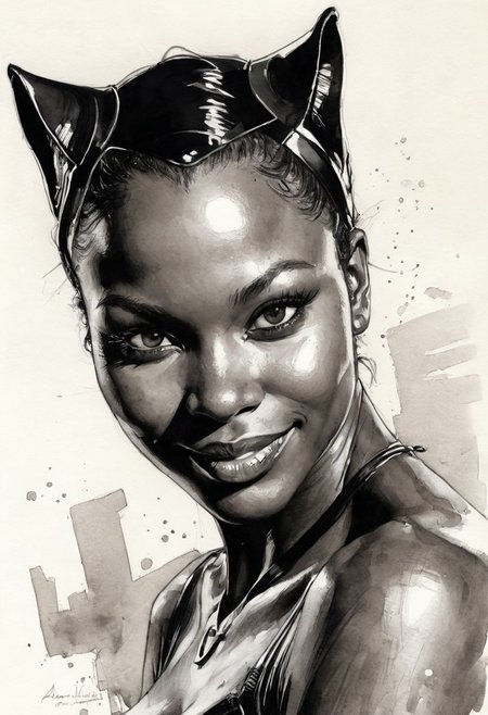 front view of Catwoman, african woman, dark skin, extremely beautiful, very young, she is looking to the viewer, she is smiling, black ink engravement, Steve McDonald style, Michael Garmash style, Adam Hughes style, neutral white background, ultra realistic, hyper detailed ink sketch, watercolor fill, black and white style