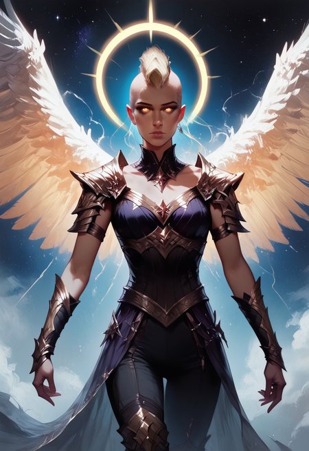 (score_9, score_8_up, score_7_up, score_6_up), (highres image, ultrares, absurdres, ultra detailed), (masterpiece:1.8), face focus, detailed faces, BREAK,
civitametapunksdxl_fem,
1girl, dynamic character design, female focus, perfect face, perfect eyes, attractive, ((beautiful)), ((druid)), ((Portrait)),  ((aasimar_fallen, white wings, golden halo, glowing eyes)), (((mohawk))), ((Shiny blonde Hair)), (Pale), (Slender, Svelte), Full Lips, Perky Breasts, Tiny Waist
BREAK
((white-Leather-Dress)), ((Interwoven Purple-Flowers and Ivy)), ((Wooden Staff with Purple Amethyst)), ((Thigh-High Boots))
BREAK
Cosmic Power, Stars, Galaxies, Nebula, Ethereal, Cinematic, Atmospheric, Detailed Background, Dramatic Lights, Concept Art, Expressiveh, ((aasimar_fallen, white wings, golden halo)), concept art, realistic, 4kFacePonyXL