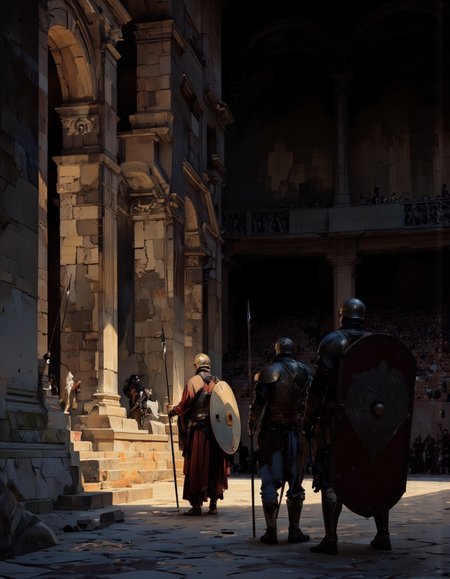 Art by Richard Anderson. A dramatic digital illustration shoot from the side about a dark, ancient theater with stone structures and dramatic lighting. the image also shows a dramatic scene of three men standing on the left side of the stage, each holding a spear and shield, facing away from the viewer. on the right side, a man stands with his back to the viewer, holding a sword and shield. he appears to be in his mid-twenties, with a serious expression on his face. he is wearing a helmet and armor, and is positioned in the middle of the image. the other two men are standing on either side of him, facing the same direction. they are wearing helmets and armor. the scene is set in a dimly lit, stone-walled theater, with rows of empty seats visible in the background. the lighting is dramatic, casting shadows and highlighting the men's figures. the overall atmosphere is dark and dramatic, with dramatic lighting and shadows adding to the dramatic effect.