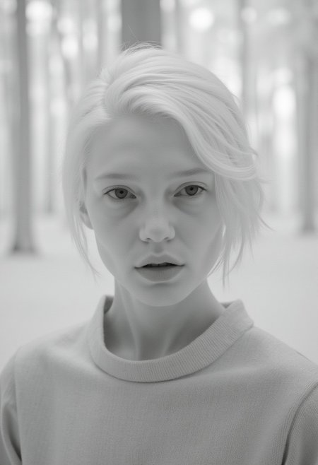closeup  infrared photo portrait of a beautiful young woman in front of a white forest, white hair, black and white, monochrome