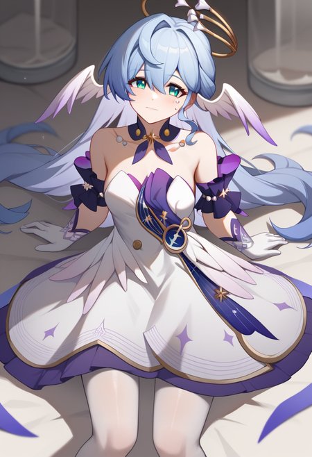 score_9,score_8_up,score_7_up,<lora:robin_pony:1>,1girl,robin_\(honkai:_star_rail\),head_wings,bare_shoulders,white_gloves,detached_sleeves,strapless_dress,white_dress,short_sleeves,white_pantyhose,