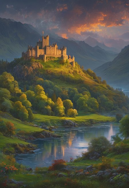 A captivating night scene illustration featuring a beautiful castle on a large  hill overlooking a lake in the highlands of Scotland. The castle is ancient but well maintained and updated and comfortable to live in.  This enchanting artwork captures a serene and peaceful early morning, where the sun is just starting to rise over the beautiful highlands and castle which   stands resolute amidst highlands, creating a cinematic experience., illustration, cinematic
<lora:DonM3t3rn1tyXL-v1.1:0.7>, DonM3t3rn1tyXL,
OverallDetailXL  <lora:MJ52:0.3>  <lora:SDXLFaeTastic2400:0.4>  <lora:EpicF4nta5yXL:0.7>