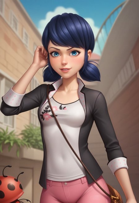 , score_9, score_8_up, score_7_up, score_6_up, score_5_up, score_4_up, 1girl, marinette dupain-cheng, Marinette from miraculous ladybug,breasts, blue eyes, breasts, medium breasts, source_cartoon, 2D,  Marinette from miraculous ladybug,  marinette dupain-cheng, blue hair, two ponytails, face, detailed eyes, bright blue eyes, (petite body), (athletic tummy:0.8), (small breast:0.8)
(sexy pose:1.4), (teasing:1.4),   pirate out fit, pirate hat, captain pirate, hook hand , pirate flag,
1girl, solo, erotic aesthetics, unique angle, detailed background, semi realistic, source_cartoon, modern