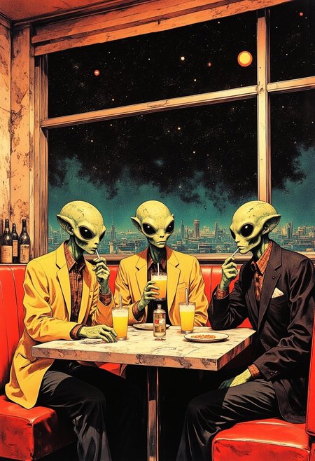 An atmospheric retro-style diner located in space, illuminated by warm vintage lighting and a star-filled cosmic backdrop visible through large windows. Three green-skinned aliens with large black eyes and elongated heads are seated in a red leather booth. Each alien wears retro 1950s-inspired human clothing, such as yellow blazers, plaid shirts, and dark jackets, adding a quirky, anachronistic touch. They are sipping drinks with straws from tall, glowing glasses, while casually engaging in conversation, their expressions subtly contemplative. The table is cluttered with plates, bottles, and napkins, adding a sense of realism.
The stars outside the diner windows sparkle brightly, with a distant view of a futuristic city skyline on the horizon, blending the retro theme with futuristic elements. The scene has a hand-drawn, illustrative quality with detailed textures and warm tones, evoking a blend of sci-fi and mid-century nostalgia. The overall atmosphere is serene, slightly humorous, and surreal, with the aliens seamlessly blending into the human-like diner environment.