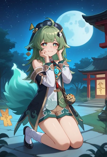 score_9, score_8_up, score_7_up, source_anime, 1girl, huohuodef, green eyes, symbol-shaped pupils, green hair, long hair, ahoge, fox girl, animal ears, fox tail, hair ornament, yin yang, hat, bare shoulders, detached sleeves, long sleeves, shirt, chinese clothes, shorts, white socks, shoes, black footwear, wariza, kneeling, hand in own hair, embarrassed, closed mouth, smile, blush, looking at viewer, trees, shrine, night, starry sky, moon, ghosts, facing viewer, <lora:Huohuo_v1-000010:1>