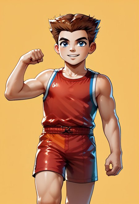 DarirStyle
score_9, score_8_up, score_7_up, highly detailed, cute boy, 1boy, solo,
Lee_Clark, Brown Hair, Pale Blue Eyes, Red wrestling singlet, flexing, sleeveless, thighs