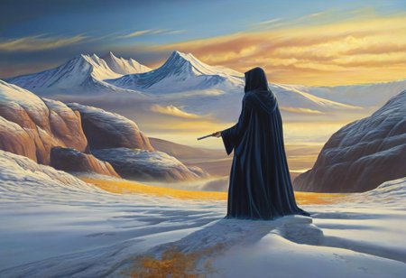 1woman, blonde hair, she's the grim reaper, facing away, rocky hill, standing, black robe blowing in the wind, clouds, sky, sunset, stars, cosmic, in meditation, ultra detailed landscape, bright yellow energy surrounding surrounding her, volumetric lighting, ultra detailed clothes, ultra detailed body, ultra detailed hair, looking at an ancient city made of blue crystals is in the distance, serenity, glowing,
by Natalia Rak and Barclay Shaw in the style of Jessica Rossier,  <lora:EnvyAnimeWatercolorXL02:0.60> ,   Elmore_Style_LX <lora:Elmore_Style_LX-000011:0.60>