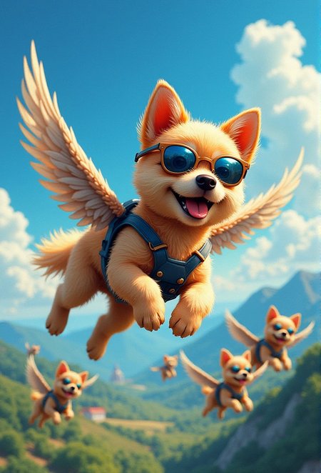 This is a vibrant, CGI-animated image featuring a group of small, fluffy, anthropomorphic dogs in mid-flight. The dogs, with light brown fur and expressive, cheerful faces, are wearing dark blue aviator sunglasses and harnesses. Each dog has a pair of small, feathered wings, giving them a bird-like appearance. The scene is set against a clear, bright blue sky with scattered white clouds. The background shows a lush, green landscape with rolling hills and distant mountains. Several other dogs can be seen in the background, flying in different directions, adding to the dynamic and playful atmosphere. The dogs' fur is soft and fluffy, with a slightly wavy texture, and their expressions are full of joy and excitement. The image is highly detailed, with a focus on the dogs' fur, wings, and accessories. The overall style is whimsical and cartoonish, with a high level of realism in the textures and lighting. The composition is dynamic, with the dogs positioned at various angles, creating a sense of motion and depth. The image exudes a sense of freedom and adventure.