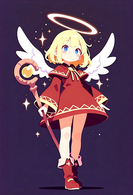 masterpiece, best quality, simple illustration, angel, mage, staff, light spell,   no lineart,no outline, cute