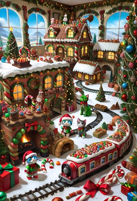 CHRC4ND7, cute cat<lora:Christmas_Candy:1>, On the grownd in the livingroom [train station, bridge, window, science fiction, traditional media, motor vehicle, day, vehicle focus, road, gift, railway, christmas, food, cloud, box, cake, fireplace, plant, weapon, snow]
