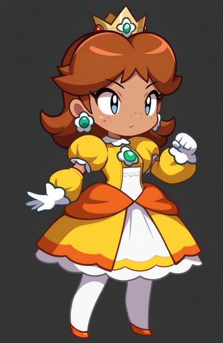 1girl, solo, full body,
Princess Daisy, brown hair, medium hair, freckles, tan-skinned female, classic princess dress, high collar, puffy long sleeves, white pantyhose, gloves, tiara,
<lora:ShantaeChibi:0.9> shntchibi, petite, chibi, extremely detailed, highres, masterpiece, best quality