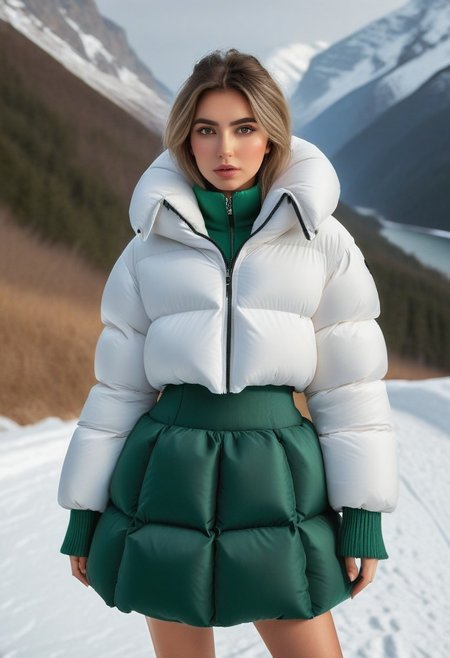 ((((sherpa puffer padded jacket)))), ((((sharpa puffer padded coat)))), ((((puffer skirt)))), ((((cowboy shot)))), ((((from back)))), standing, winter, snow, mountains, 1girl, solo, (masterpiece), (detailed face, detailed eyes), (beautiful detailed eyes:1.5), sidelighting, (super detail, hyper detail, intricate_details, detailed), looking at viewer, (semi realistic:1.6), very detailed face, (Blonde hair), (white hair), absurdly long hair, hair between eyes, (straight hair), (green eyes), put your hair behind your ears, eyelashs, eyeliner, (eye shadow:0.5), wet hair, sweat, white skin, Angry face, (blush), padded cuffs, padded collar, Thick padded cuffs, Thick padded collar, <lora:Collar-SDXL:0.6>, <lora:Cuffs-SDXL:0.6>, <lora:Puffer_Jacket_and_Down_Jacket_-_Extra_Puffy_Jackets:0.6>,  <lora:puffer_skirt_v1:0.6>
