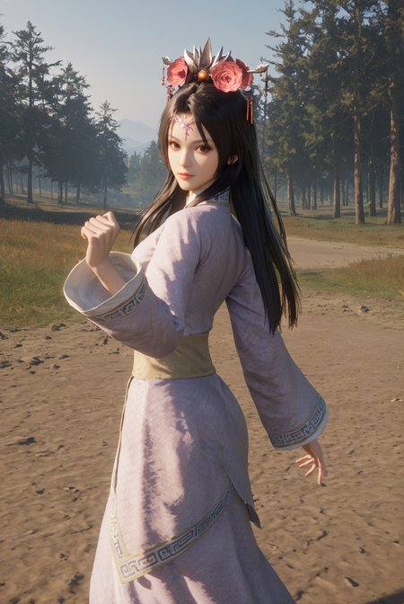 score_9, score_8_up, score_7_up, Dancing in a tango pose,<lora:Yu_Meiren_Dynasty_Warriors:0.8> 1girl, solo, black hair, long hair, hair ornament, hair flower, brown eyes, chinese clothes, long sleeves, outdoors, looking at viewer