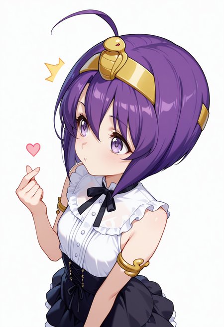 Smooth Quality,masterpiece,very intricate, high quality details, ultra realistic, high detailed skin,detailed enviorement,absurdres,
finger heart,
 <lora:Medusa_CNR:0.8> medusa_cnr,  1girl, purple hair, short hair, ahoge, bangs,purple eyes, small breasts, hairband, egyptian,, ^^^,, simple background, white background, dutch angle,solo,, gothic blouse,  ,sleeveless shirt, ,ruffled skirt, ,