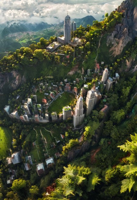 A high definition, high quality, realistic photograph of a cityscape completely integrated into nature on a mountainside, from the side, skyscraper, tree, detail, greenery, green space, cloud,  detailxl