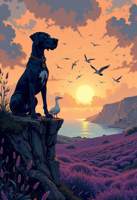 A majestic Great Dane with deep indigo-hued fur and floppy ears sits gracefully at the edge of a rugged cliff watching the sea at the French Atlantic coast. There is a pristine white duck standing next to the dog. The two companions are watching an enormous swarm of geese soaring in their signature V-shaped formation toward the glowing horizon. The V shape of the swarm  is clearly contrasting against the bright sky. The setting sun paints the sky in a breathtaking array of colors, with hues of fiery orange, magenta, and deep purple blending into the dramatic, swirling clouds. The golden light highlights the dog's smooth, velvety fur, giving it an ethereal shimmer that complements its striking indigo color.
Behind the Great Dane, a vast lavender field stretches endlessly, its vibrant purple blooms creating a stunning contrast to the dramatic coastal scenery. The calm sea below reflects the warm tones of the sunset, while the jagged, weathered cliffs emphasize the raw beauty of the untamed coastline. The perspective frames both the dog and the V-shaped swarm of geese as the central focus, with the vast, open landscape emphasizing their connection to the natural world.
The hyper-realistic style captures every detail, from the individual lavender blooms swaying in the breeze to the textured fur of the dog and the intricate formations of the geese.