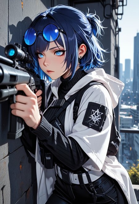 highres, very detailed, amazing quality, masterpiece,
very aesthetic,
particle effect,
1girl, Andreana from Arknights, short hair, streaked hair, blue hair, white hair, short ponytail, blue eyes, round eyewear, blue-tinted eyewear, white jacket, hooded jacket, hood down, open jacket, layered sleeves, short over long sleeves, black sweater, turtleneck sweater, black pants, white belt, black bag, fanny pack,
Holding a sniper, braced against wall, aiming rifle, 
Outside, on the side of a cliff, overlooking a city,
Close up, depth of field, ray_tracing, cowboy shot, extreme foreshortening, very aesthetic, cinematic,