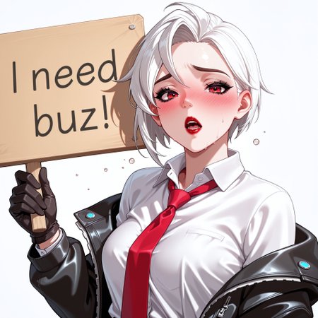 score_9, score_8_up, score_7_up, score_6_up, anime, beautiful, stunning, masterpiece, best quality, amazing quality,

need_buzz, holding sign, need_buzz

ashe (overwatch), white hair, red eyes, red lips, black mascara,

1girl, solo, gloves, shirt, necktie, black gloves, looking at viewer, red necktie, breasts, blush, short hair, white shirt, jacket, upper body, simple background, black jacket, collared shirt, off shoulder, drunk, open mouth, open clothes, open jacket, parted lips,









