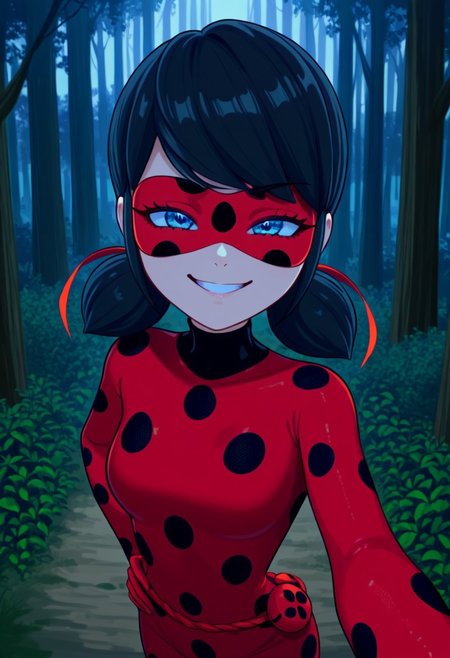 bright colors, detailed background,, volumetric light, vivid colours, standing,
looking at viewer, outdoors, overcast, dark, forest, vines, ponypositive, solo, solo focus, open hands on hip, single eyebrow lifted, smirk,
Miraculous, red suit with black spots all over her body, red mask covering her eyes, shoulder-length black hair with blue reflections tied back in pigtails, bright bluebell eyes,
Smooth Quality,
best quality, hyper detailed, ambient stylish expressive lighting, absolutely eye-catching masterpiece, body extremely close-up view, (facing viewer), forward, face extremely close-up shot, chest focus, selfie,